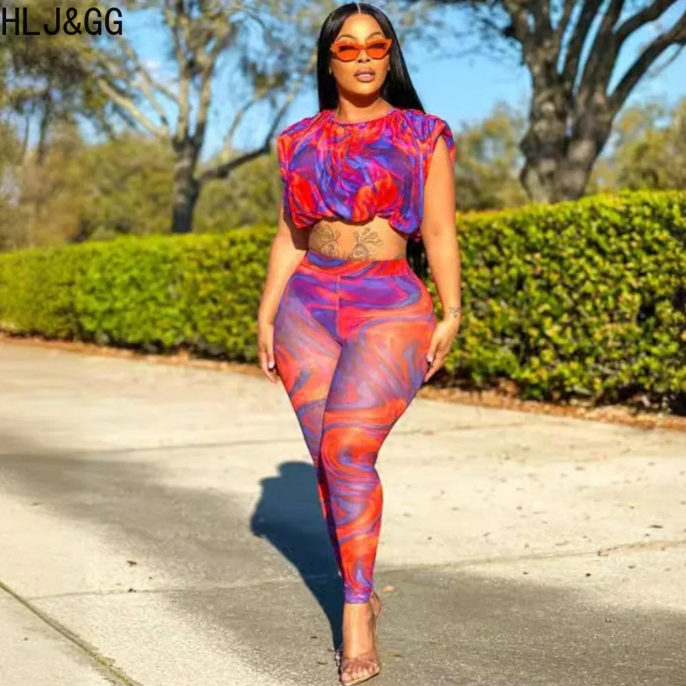 Purple Red Fashion Mesh Print Two Piece Set