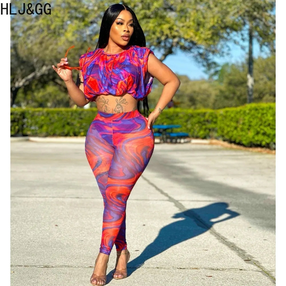 Purple Red Fashion Mesh Print Two Piece Set